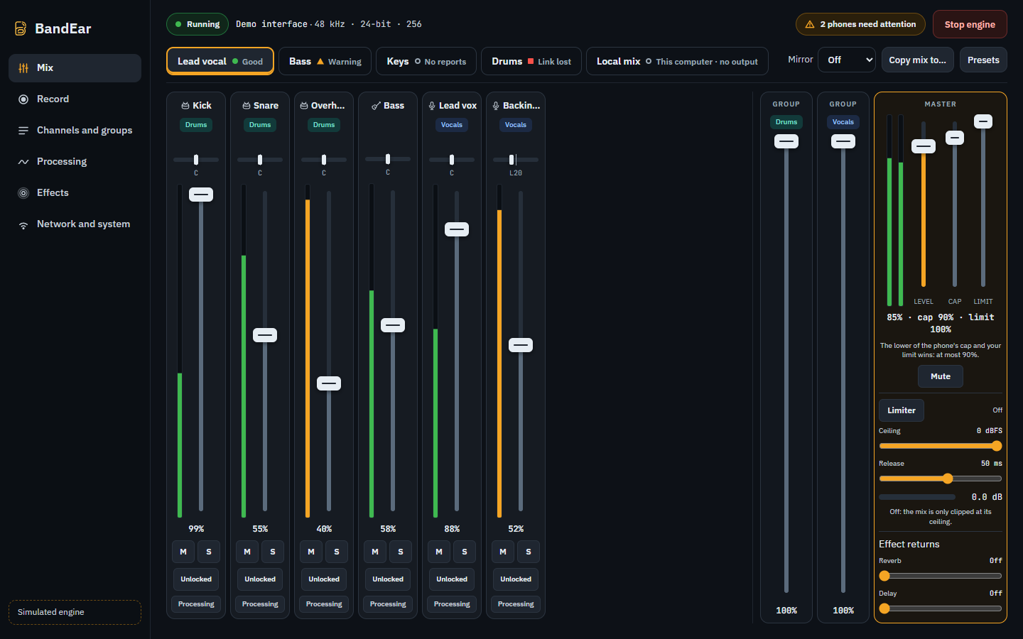The BandEar console: one tab per musician, channel strips, groups and the master with its limiter